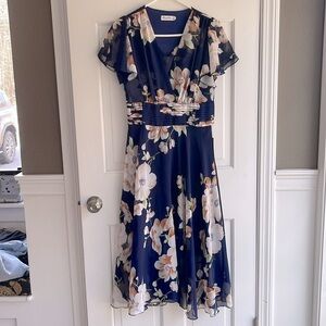 Floral flowy Navy Dress v neck spring wedding, shower church party graduation